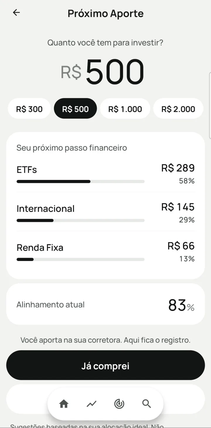 Tela Próximo Aporte com R$ 500 divididos por classe